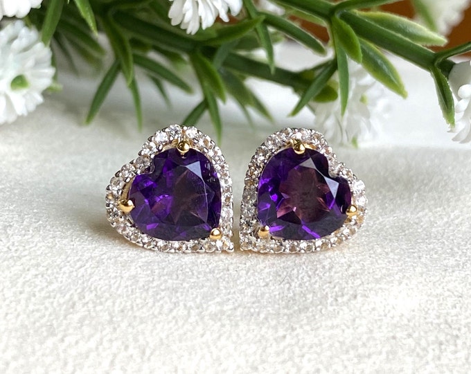 Vintage Sterling Silver 14k Gold Plate Amethyst & White Sapphire Earrings.