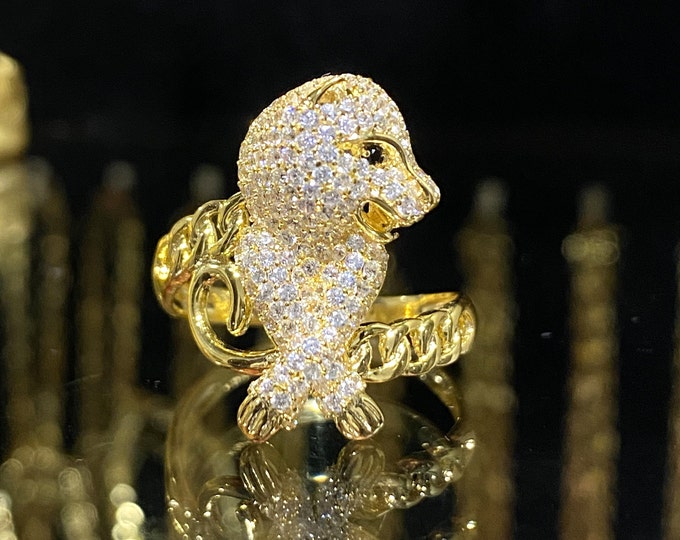Vintage 15K 610 Solid Yellow Gold White & Black Sapphire Eye's Leopard Ring Size 8.25
