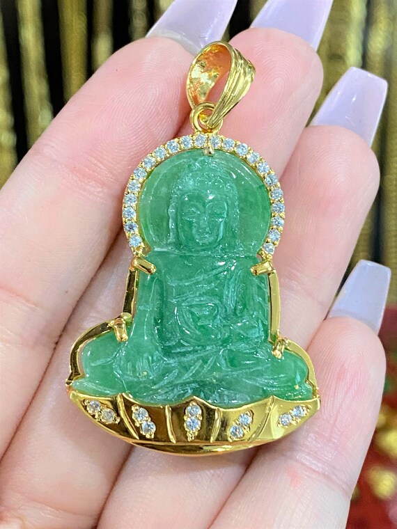 Vintage 18K Solid Gold Green Jadeite Jade White Topaz Buddha