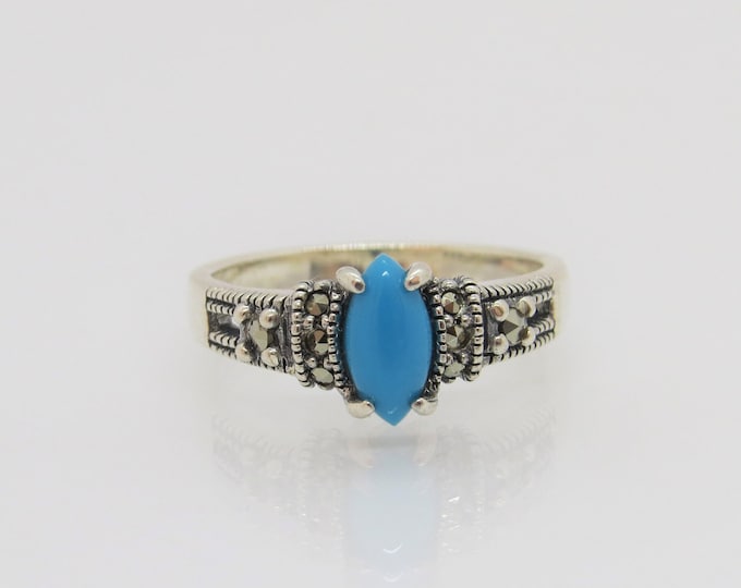 Vintage Sterling Silver Marquise Turquoise & Marcasite Ring Size 7