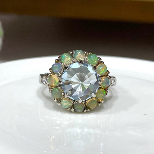 Vintage Sterling Silver Natural Fire Opal & Aquamarine Ring Size 8.5
