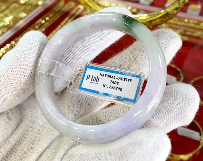 Translucent Natural Lavender, Light Green, White Jadeite Jade Vintage Bangle Bracelet 53.4MM