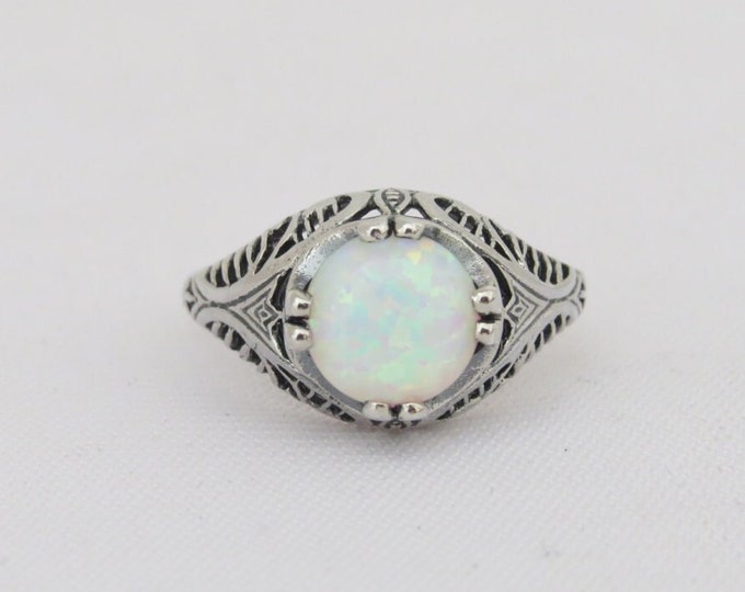 Sterling Silver White Opal Filigree Ring Size 7