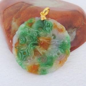 Vintage 18K Solid Yellow Gold Carved Dragon Purple, Green & Yellow Jadeite Jade Pendant