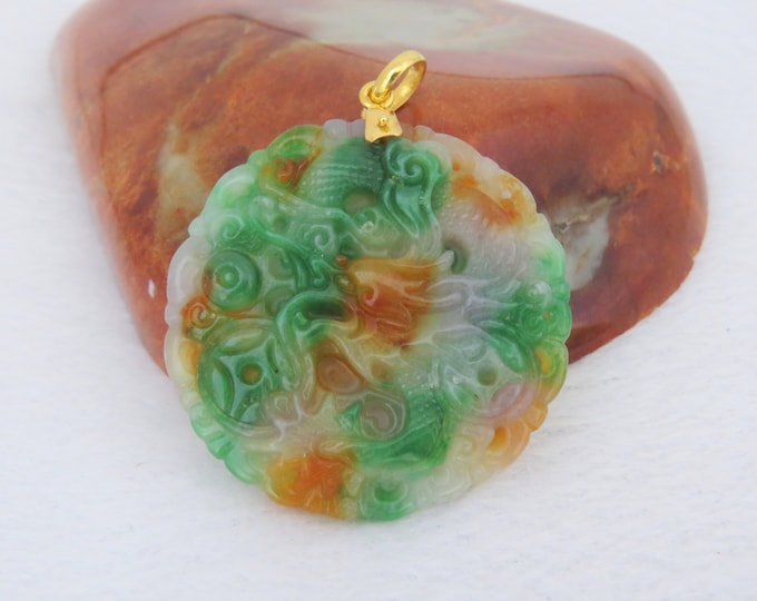 Vintage 18K Solid Yellow Gold Carved Dragon Purple, Green & Yellow Jadeite Jade Pendant