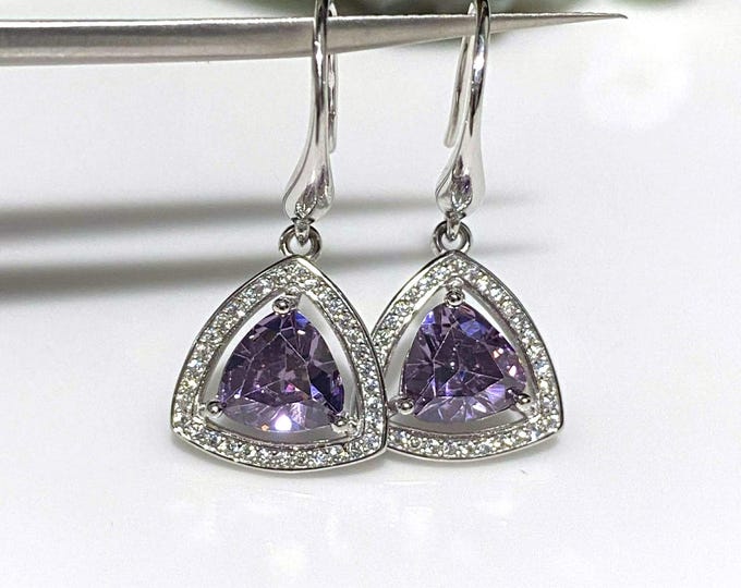 Vintage Sterling Silver Color Change & White Topaz Triangle Dangle Earrings