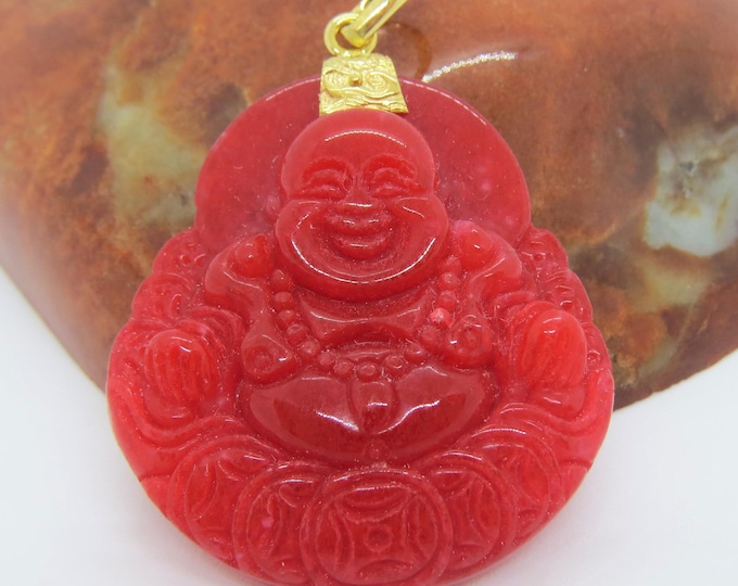 Vintage 18K Solid Yellow Gold Red Jadeite Jade Carved Laughing Buddha, Happy Buddha Pendant