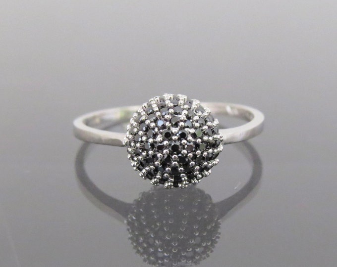 Vintage 18K Solid White Gold Black Sapphire Ball Pave Ring Size 6