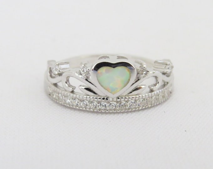 Vintage Sterling Silver Inlay Fire Opal & White Topaz Crown Ring Size 9