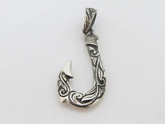 Vintage Sterling Silver Carved Fish Hook Pendant - image 2