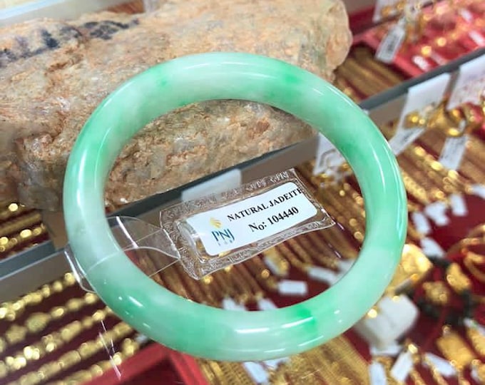 Translucent Natural Green, White Jadeite Jade Vintage Bangle Bracelet 52.3MM