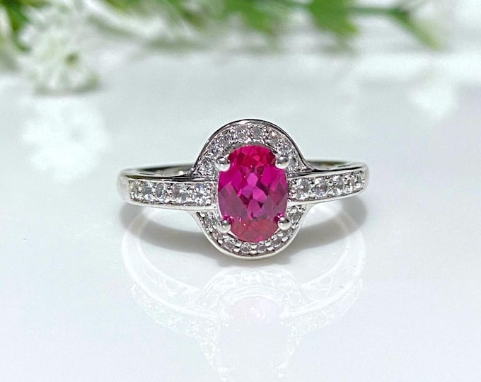Vintage Sterling Silver Oval Ruby, White Topaz Ring Size 7