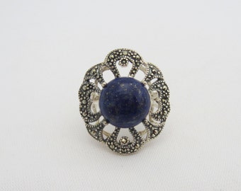 Vintage Sterling Silver Lapis Lazuli & Marcasite Ring Size 7