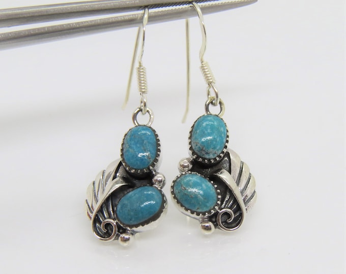 Vintage Sterling Silver Turquoise Leaf western Dangle Earrings