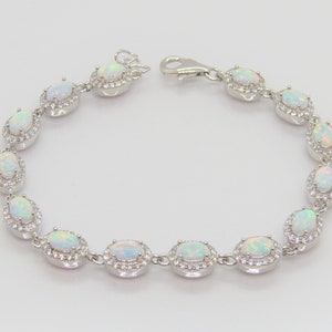 Vintage Sterling Silver  Oval White Opal & White Topaz Link Bracelet 7&#39;&#39;