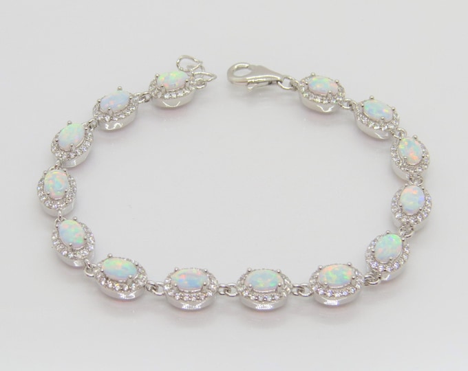 Vintage Sterling Silver  Oval White Opal & White Topaz Link Bracelet 7''