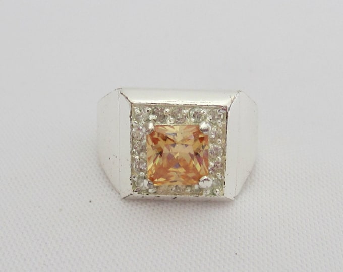 Vintage Sterling Silver Citrine & White Topaz Domed Ring Size 8