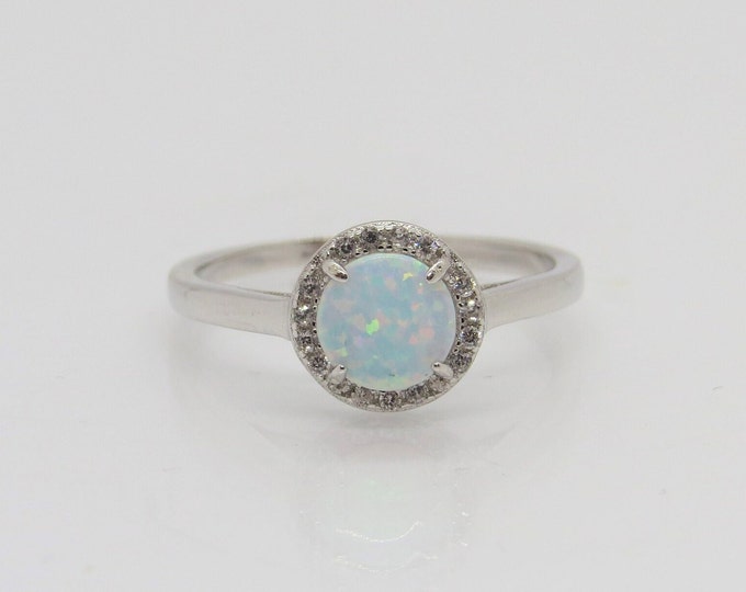 Vintage Sterling Silver White Opal & White Topaz Halo Ring Size 7