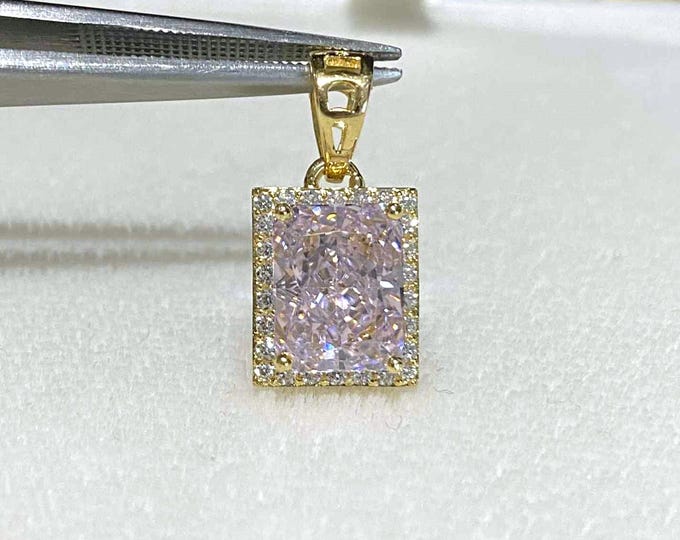 Vintage 15K 610 Solid Gold Light Pink Sapphire & White Topaz Rectangular Pendant.