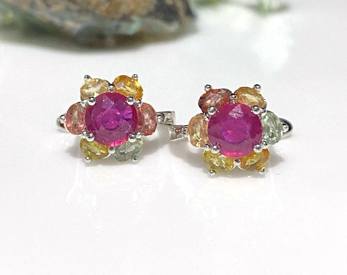 Vintage Sterling Silver Natural Ruby & Multi Color Sapphire Earrings.