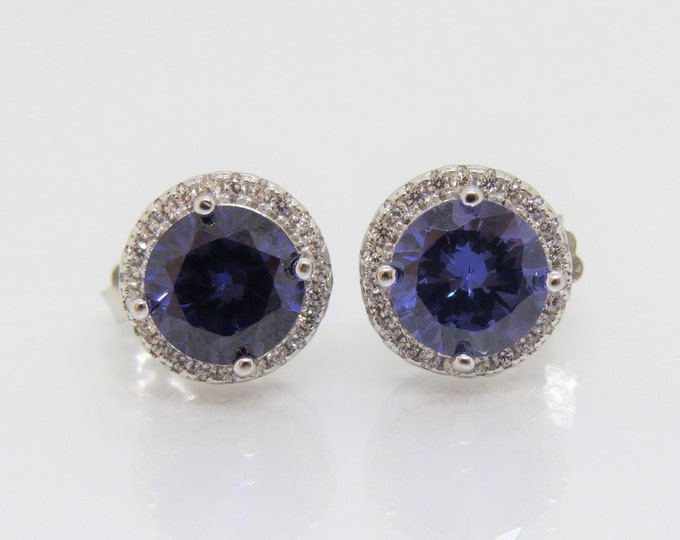 Vintage Sterling Silver Tanzanite & White Topaz Halo Earrings