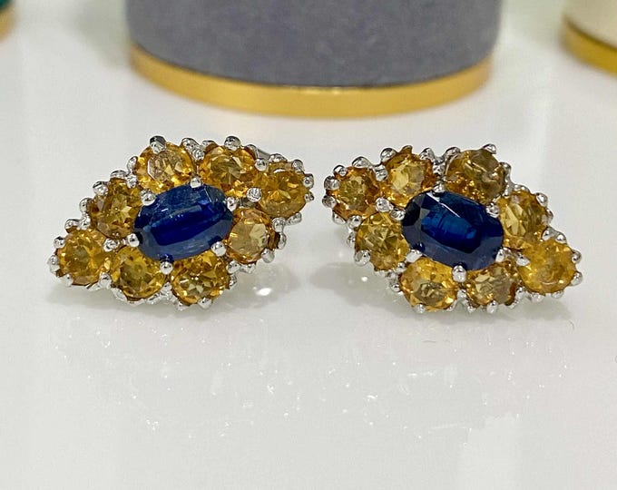Vintage Sterling Silver Natural Citrine & Kyanite Earrings.