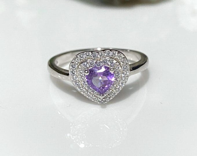 Vintage Sterling Silver Natural Amethyst & White Topaz Heart Ring Size 7