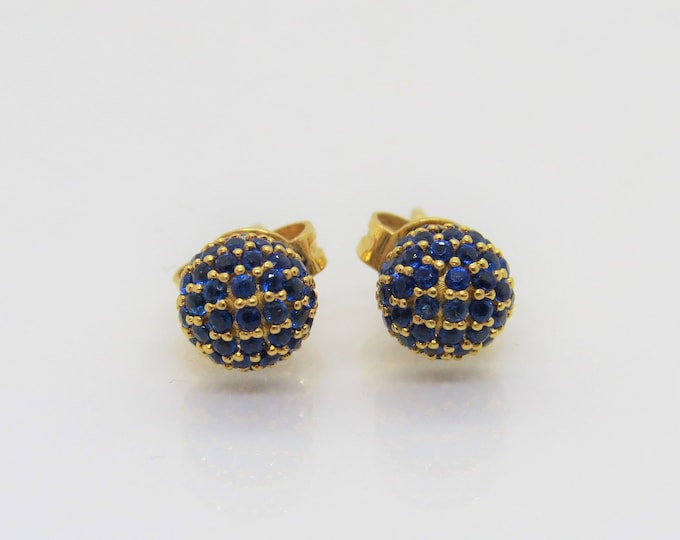 Vintage 18K Solid Yellow Gold Blue Sapphire Ball Stud Earrings