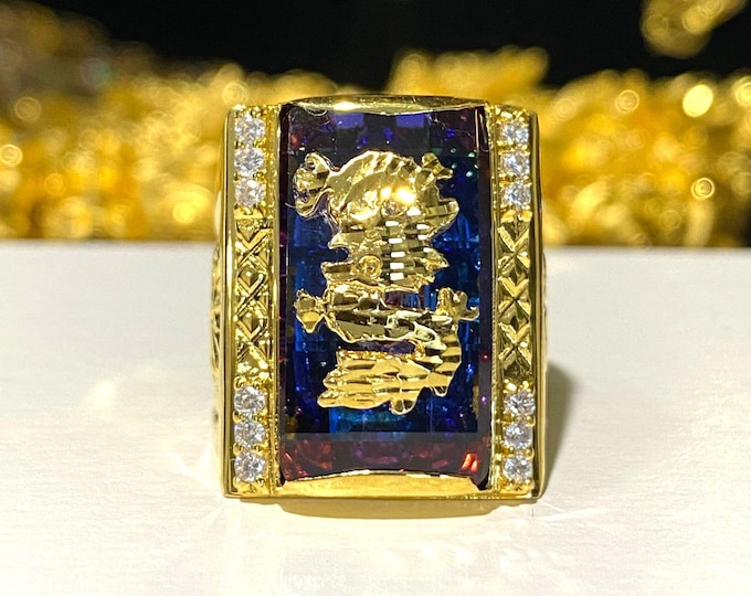 Vintage 15K 610 Yellow Gold Mystic Topaz & White Topaz Dragon Men's Ring Size 8.25