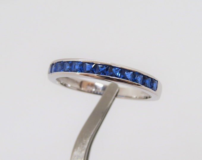 Vintage Sterling Silver Square cut Blue Sapphire Wedding Band Ring Size 8