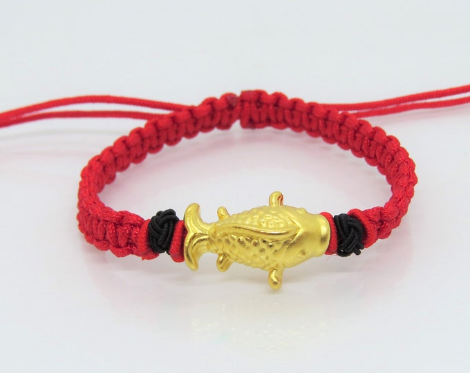 Vintage 24K 9999 Yellow Gold Fish Goldfish LUCK with Red, Black Weave Adjusable Bracelet 7 1/2''
