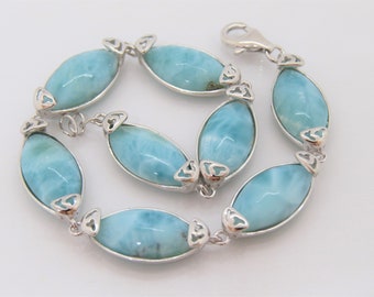 Vintage Sterling Silver Natural Marquise Larimar Link Bracelet 8''