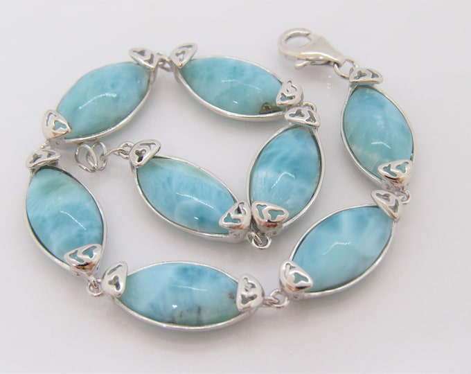 Vintage Sterling Silver Natural Marquise Larimar Link Bracelet 8''