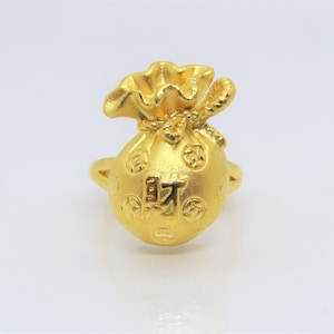 Anello vintage a forma di borsa porta soldi in oro puro 24 carati 999, misura 7,5