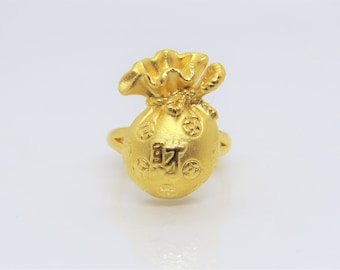 24K 999 Pure Gold Money Bag Vintage Ring Size 7.5
