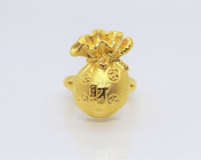 24K 999 Pure Gold Money Bag Vintage Ring Size 7.5
