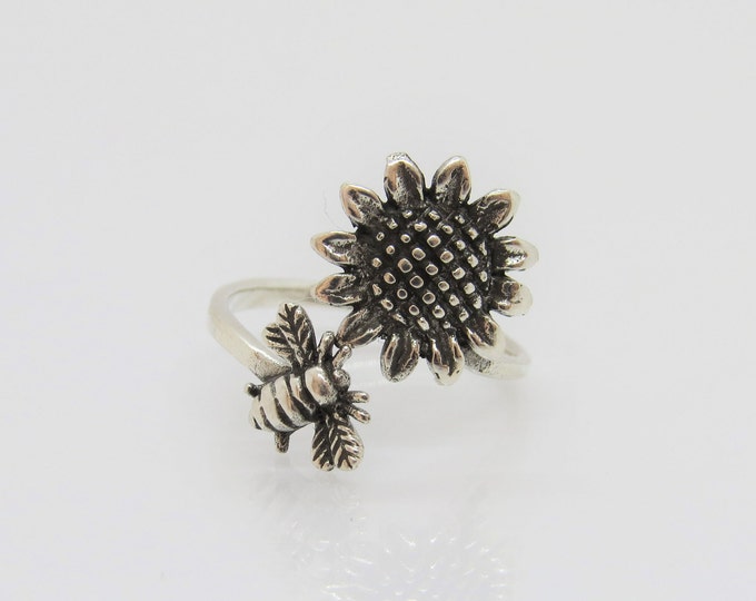 Vintage Sterling Silver Sunflower & Bee Adjustable Ring Size 9