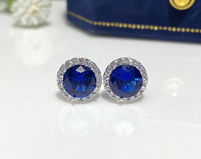 Vintage 18K Solid White Gold 1.98ct Blue Sapphire & White Topaz Halo Earrings