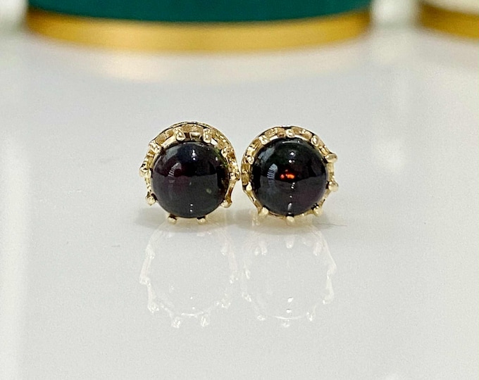 Vintage 14K Solid Yellow Gold Round cut Black Opal Crown Earrings.