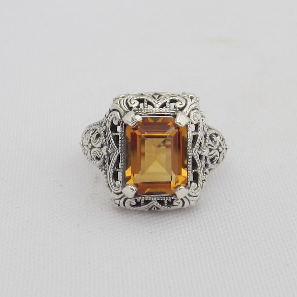 Vintage Sterling Silver Emerald cut Citrine Filigree Ring Size 7