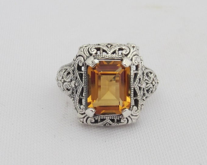 Vintage Sterling Silver Emerald cut Citrine Filigree Ring Size 7