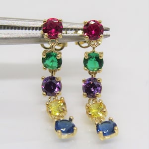 Vintage 14K Solid Yellow Gold Multi Color Gemstones Dangle Drop Earrings