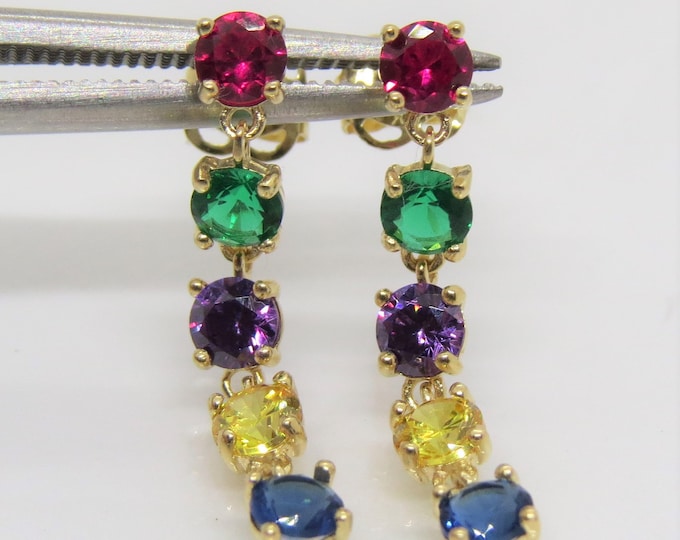 Vintage 14K Solid Yellow Gold Multi Color Gemstones Dangle Drop Earrings