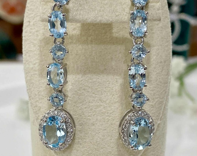 Vintage Sterling Silver Natural Blue Topaz & White Topaz Dangle Earrings.