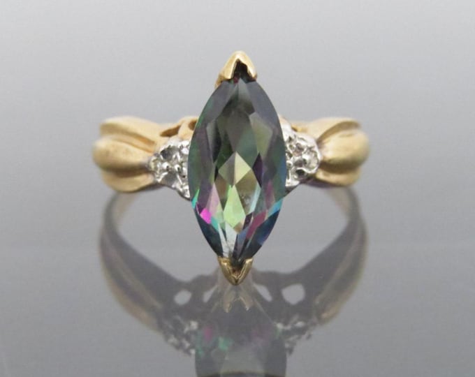 Vintage 10K Solid Yellow Gold Ring Mystic Topaz marquis cut & Diamond size 7.25