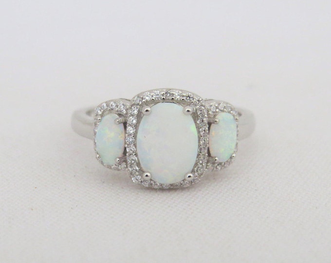 Vintage Sterling Silver White Opal & White Topaz Engagement Ring Size 7
