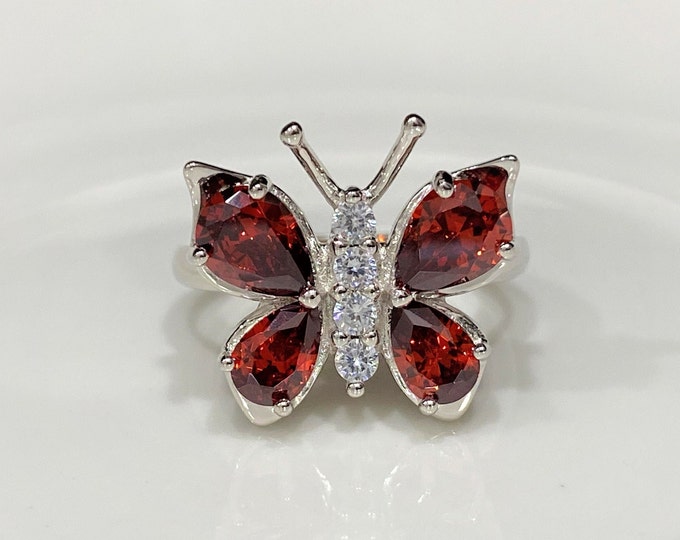 Sterling Silver Garnet & White Topaz Butterfly Ring.