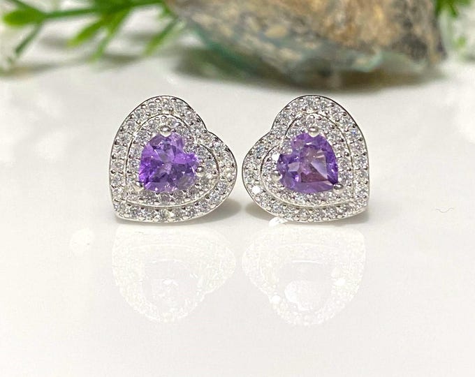 Vintage Sterling Silver Natural Amethyst & White Topaz Heart Earrings.