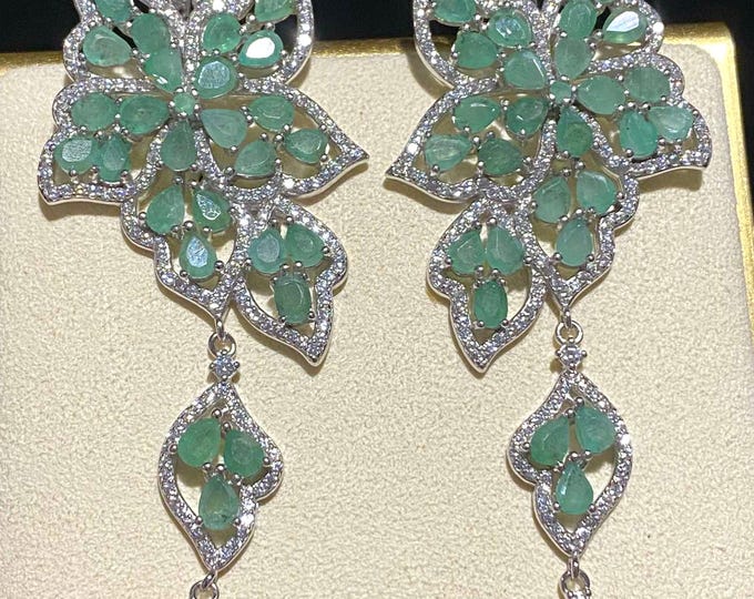 Vintage Sterling Silver Natural Emerald & White Topaz Dangle Earrings.