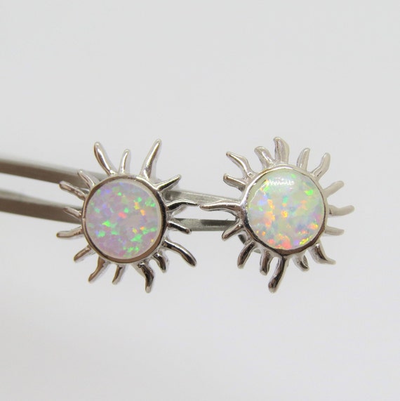 Vintage Sterling Silver White Opal Sun Stud Earri… - image 5